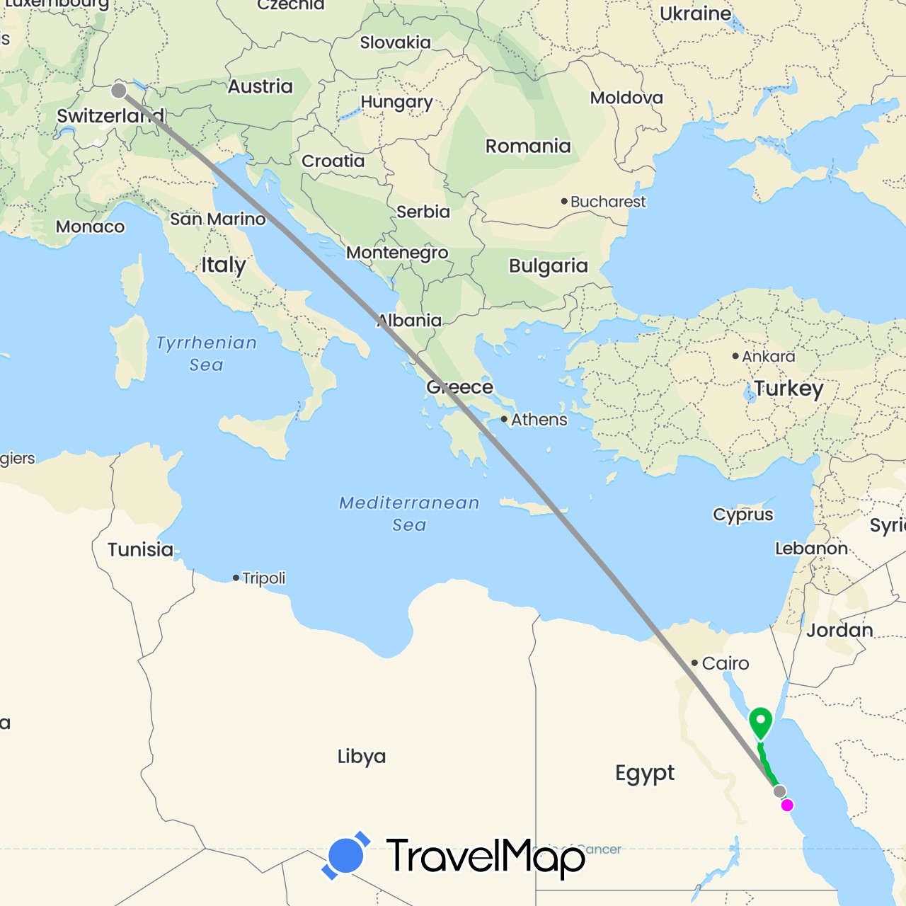 TravelMap itinerary: driving, bus, plane, taxi in Switzerland, Egypt (Africa, Europe)
